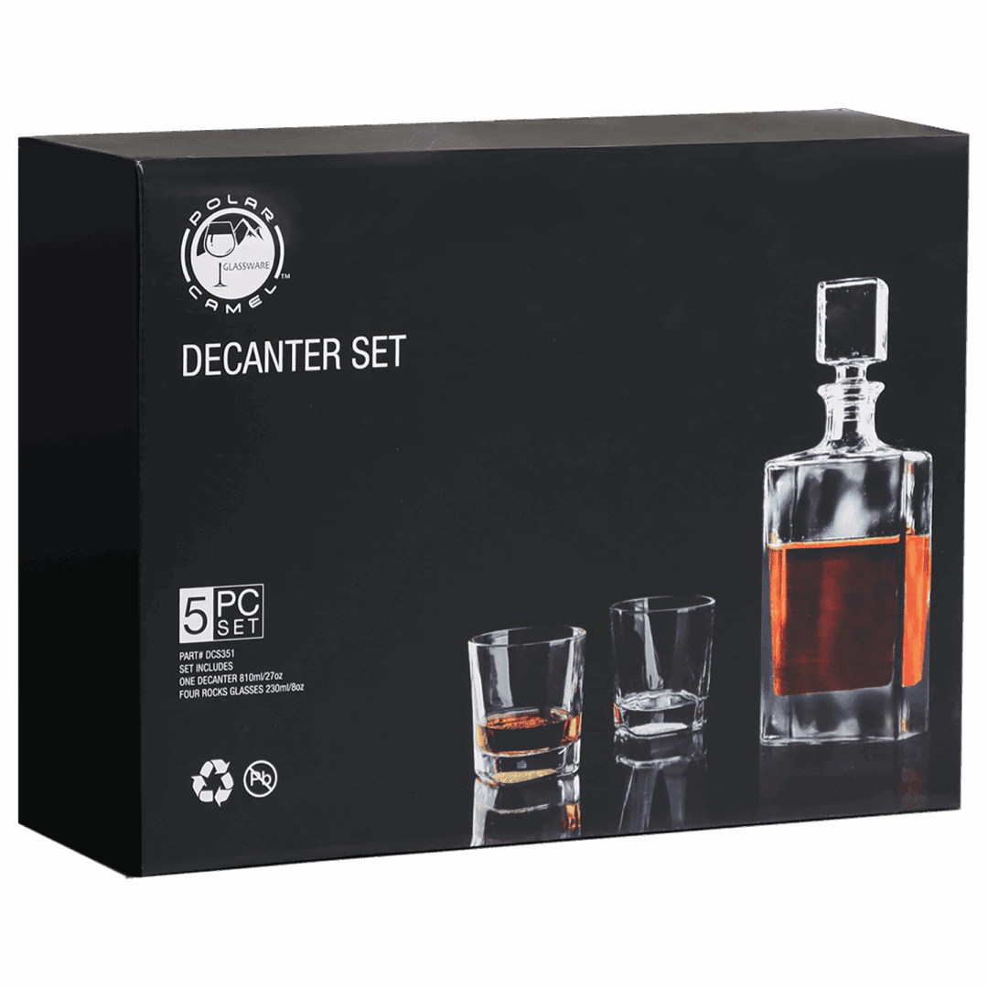 Decanter set packaging with glasses displayed.
