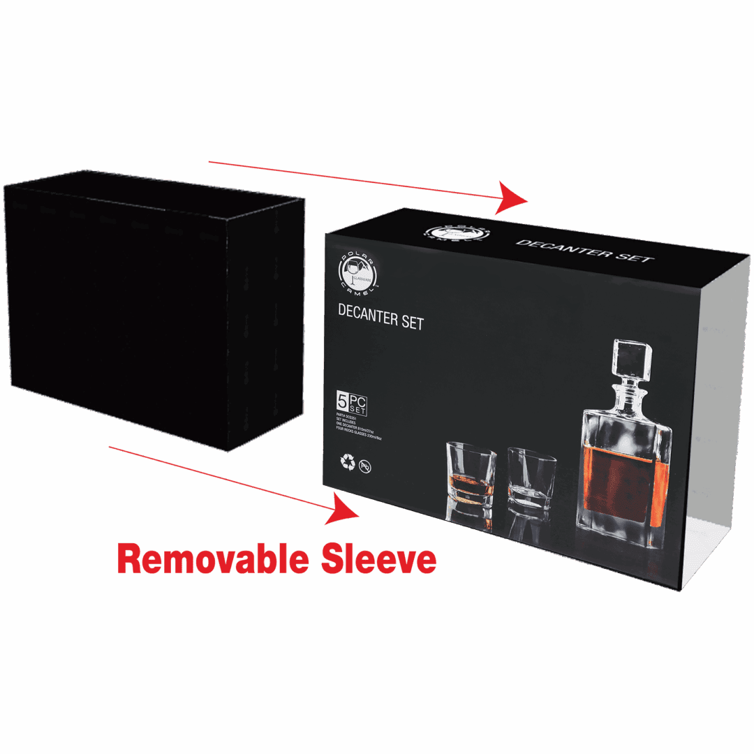 Decanter set box with removable sleeve.